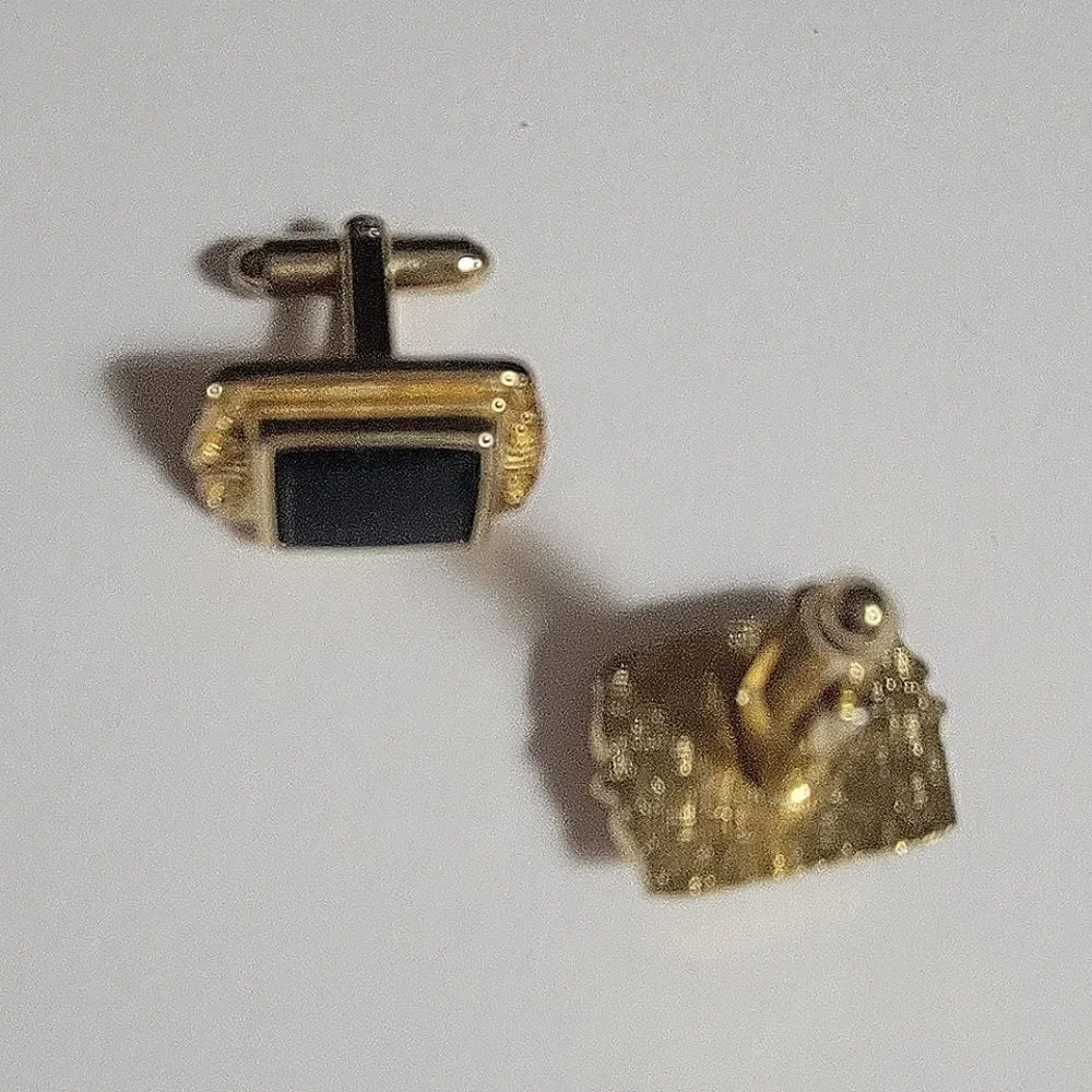 Goldtone Rectangular Cufflinks Black Stone